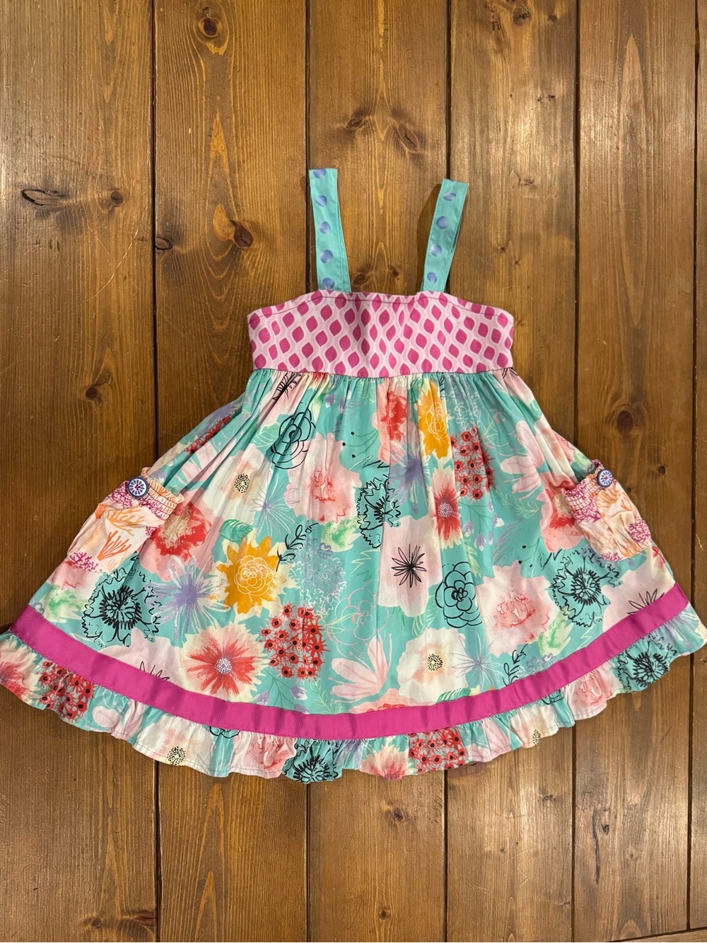 VGUC Matilda Jane Girls' Aqua Floral Sundress with Pink Accents